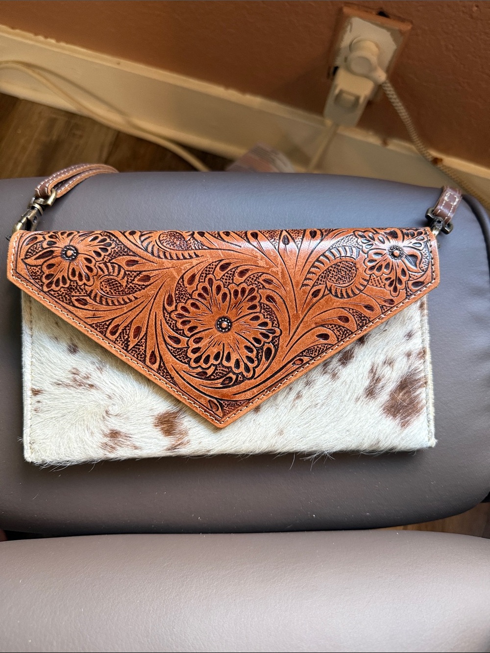 Hand-Tooled Leather and Cowhide Envelope Clutch in Brown and White